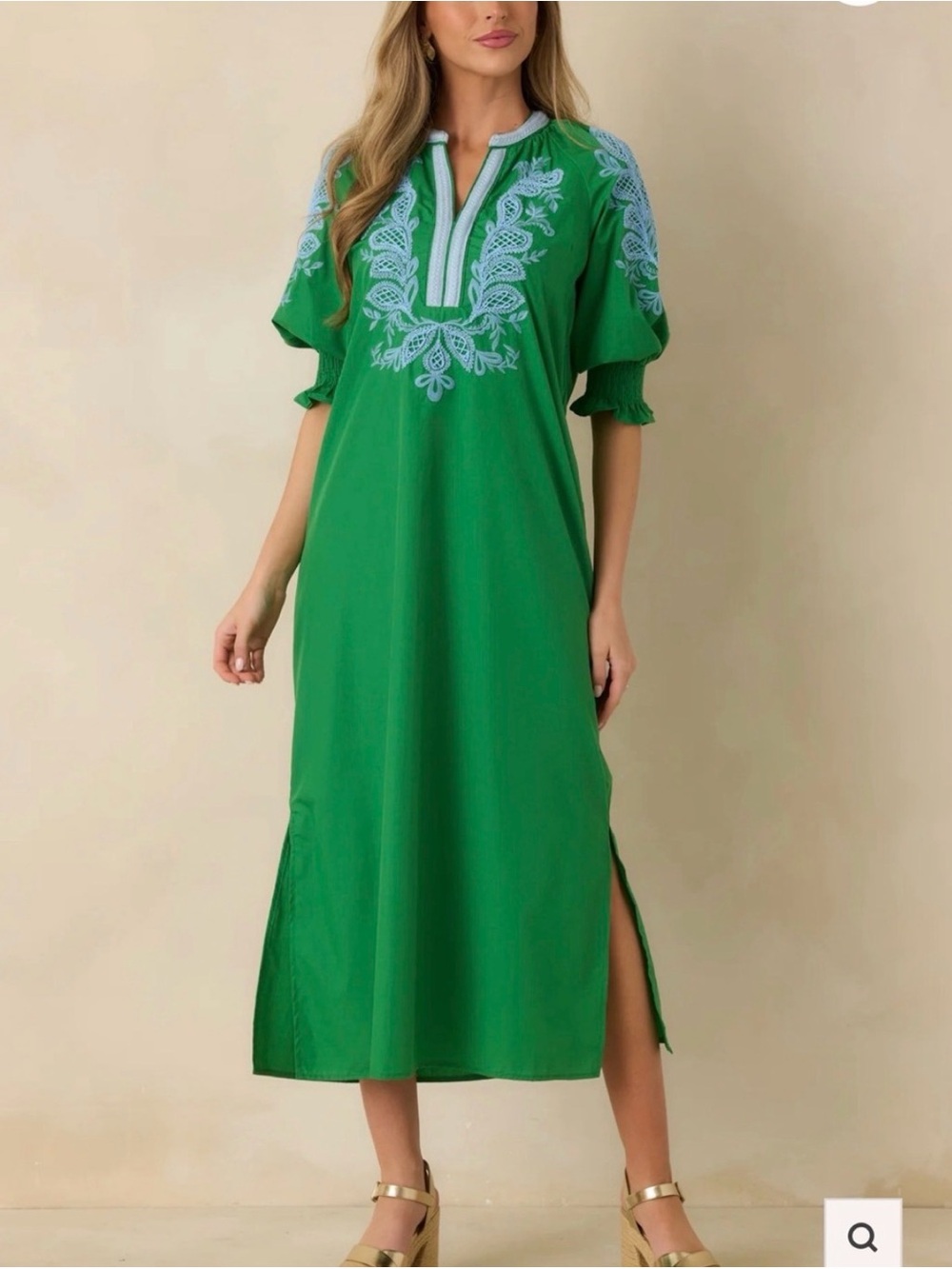 Entro Green Embroidered Midi Dress with Puff Sleeves